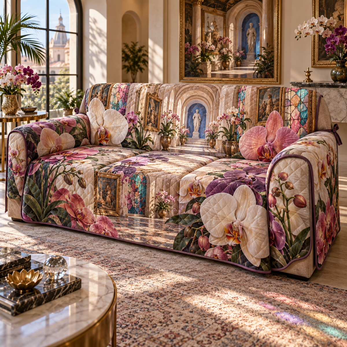 One sofa cover with an original Orchid Prism Salon Gallery and luminous optical depth.