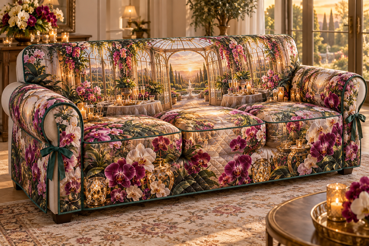 One sofa cover with an original Orchid Gilded Hospitality Pavilion and deep host-gift illusion.