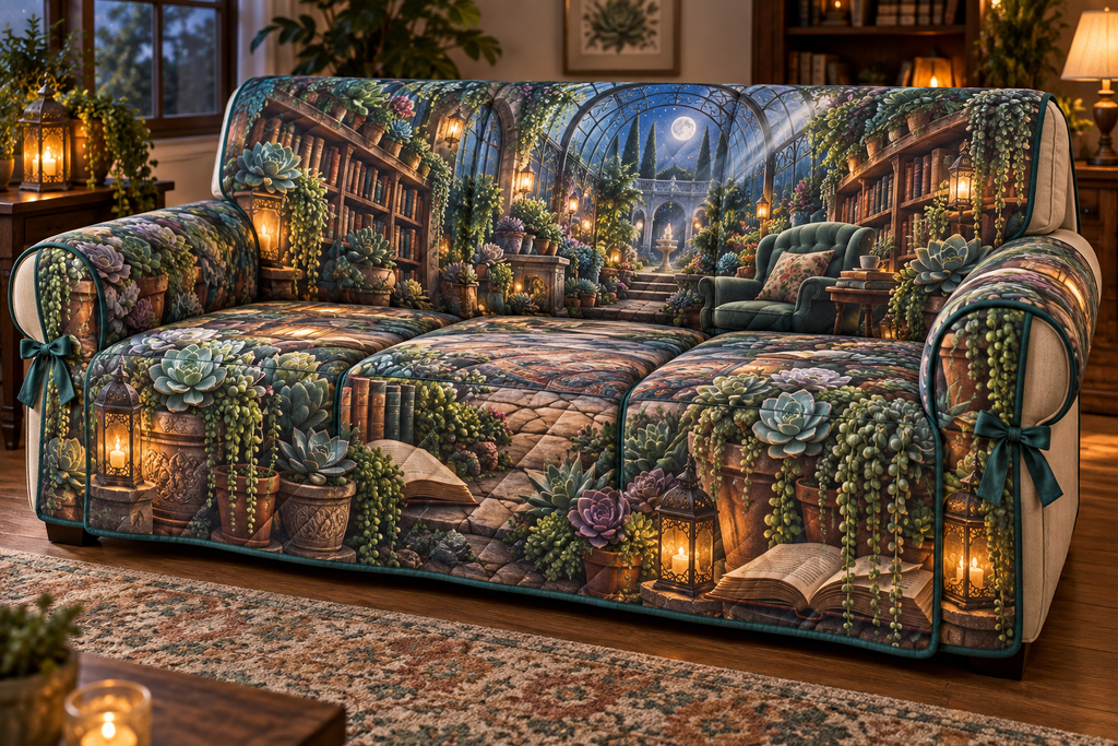 One sofa cover with an original Succulent Lanternleaf Reading Grotto and deep moonlit illusion.