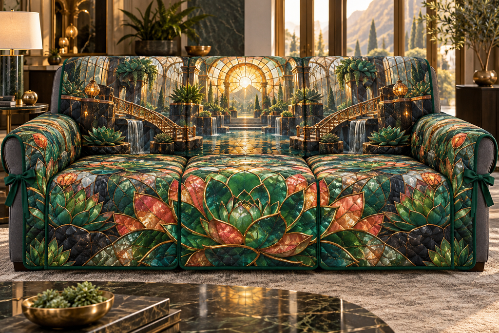 One sofa cover with an original Succulent Sunvault Grand Salon and deep biophilic illusion.