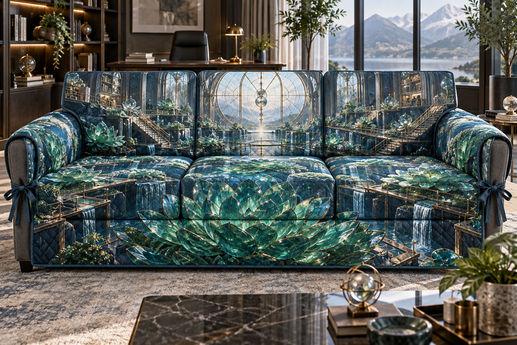 One sofa cover with an original Succulent Meridian Glasswork Study and deep biophilic illusion.