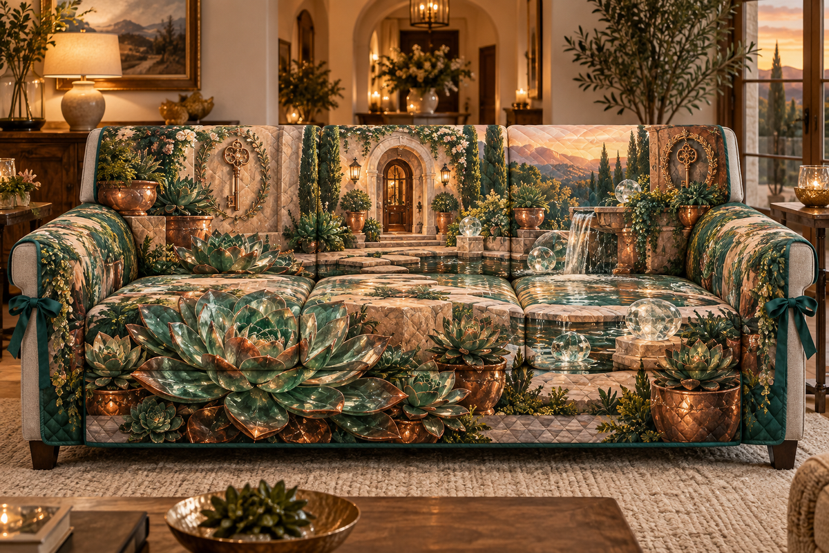 One sofa cover with an original Succulent Newroot Crystal Courtyard and deep biophilic illusion.