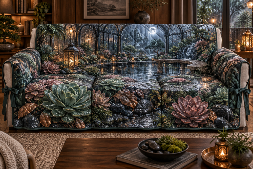 One sofa cover with an original Succulent Hushglass Raincourt and deep biophilic illusion.