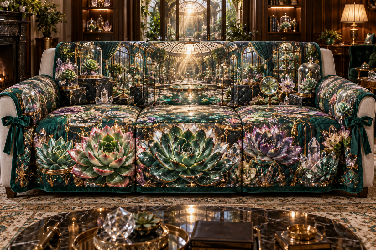 One sofa cover with an original Succulent Jubilee Gemvault and deep biophilic illusion.