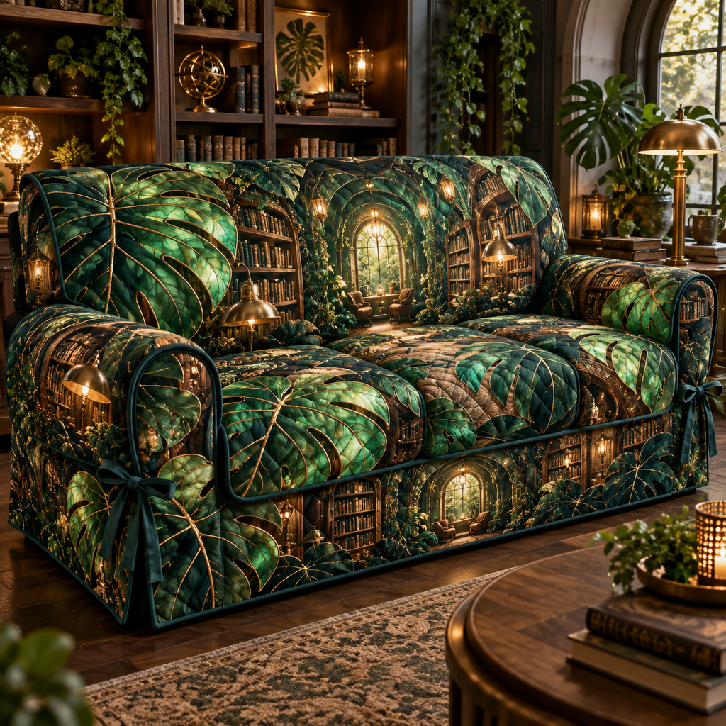 One sofa cover with an original Monstera Lumenleaf Library Grotto and deep botanical-library illusion.
