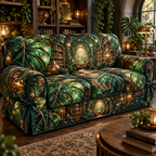 One sofa cover with an original Monstera Lumenleaf Library Grotto and deep botanical-library illusion.