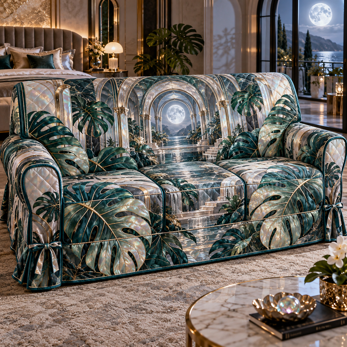One sofa cover with an original Monstera Moonvault Opal Canopy and maximum optical depth.