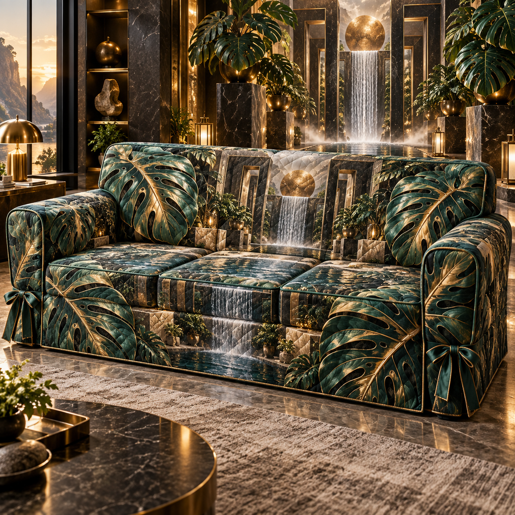 One sofa cover with an original Monstera Titanleaf Waterwall Salon and maximum optical depth.