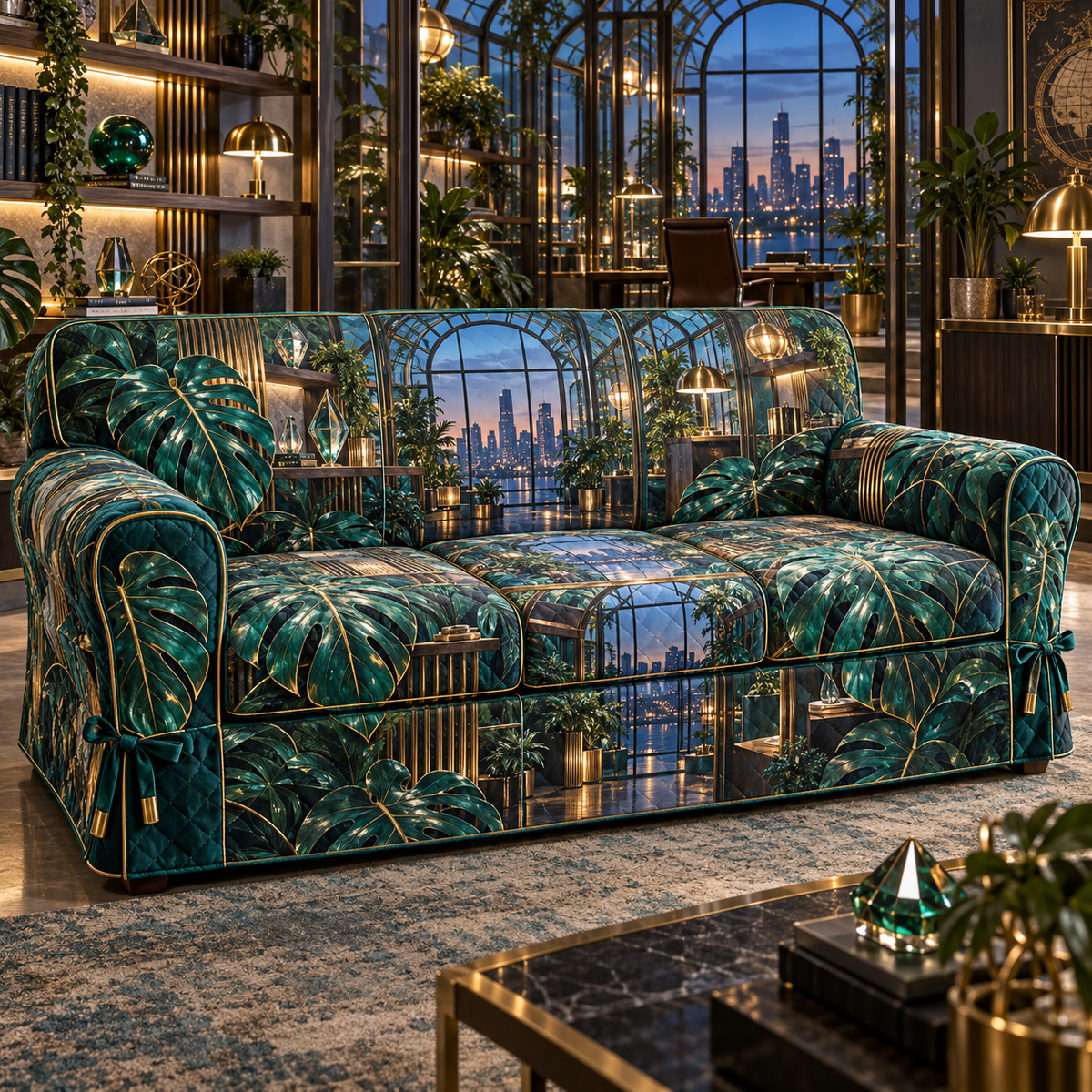 One sofa cover with an original Monstera Meridian Glasswork Studio and maximum optical depth.