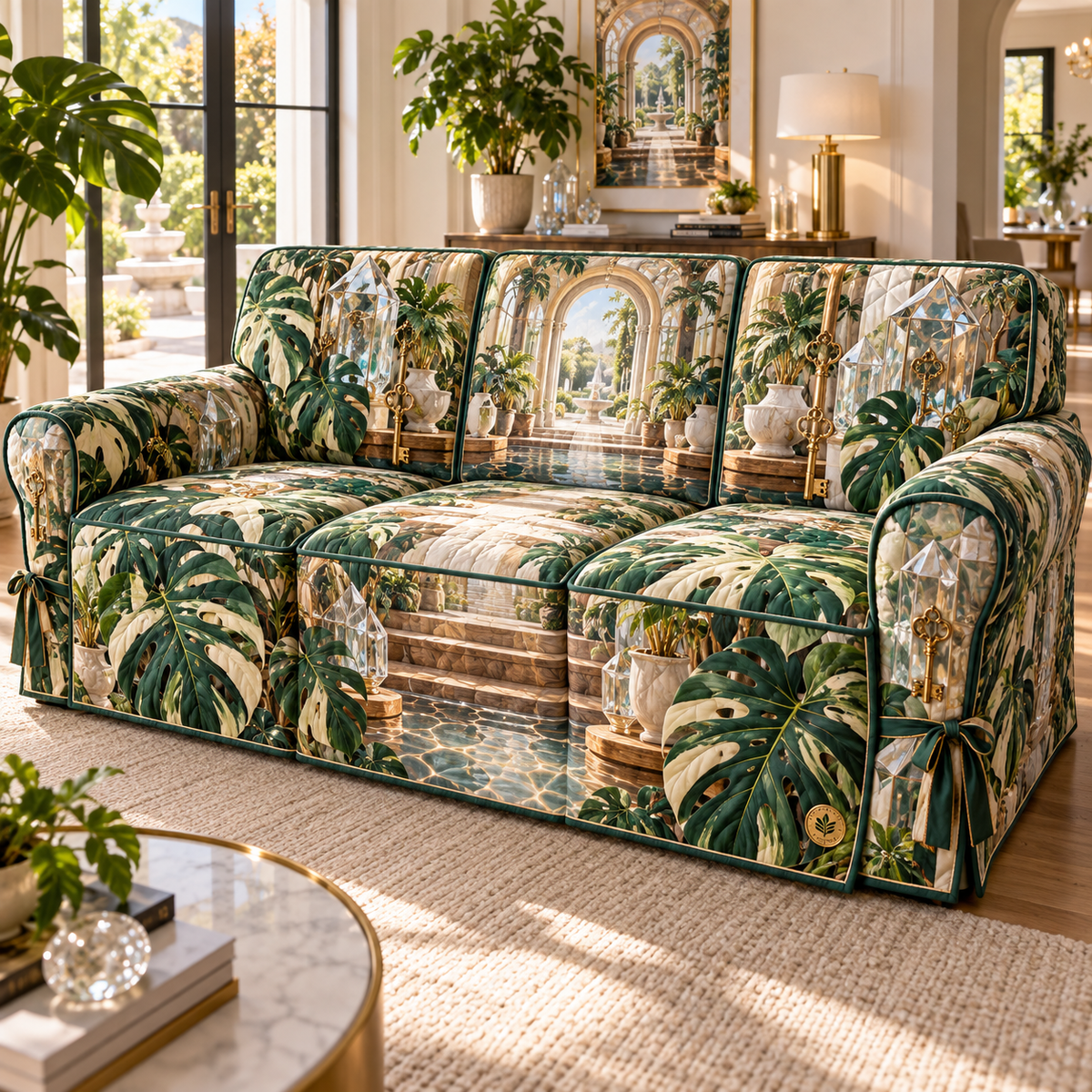 One sofa cover with an original Monstera Newroot Crystal Courtyard and deep new-home conservatory illusion.