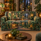 One sofa cover with an original Monstera Stillwater Lantern Alcove and deep moonlit quiet-corner illusion.