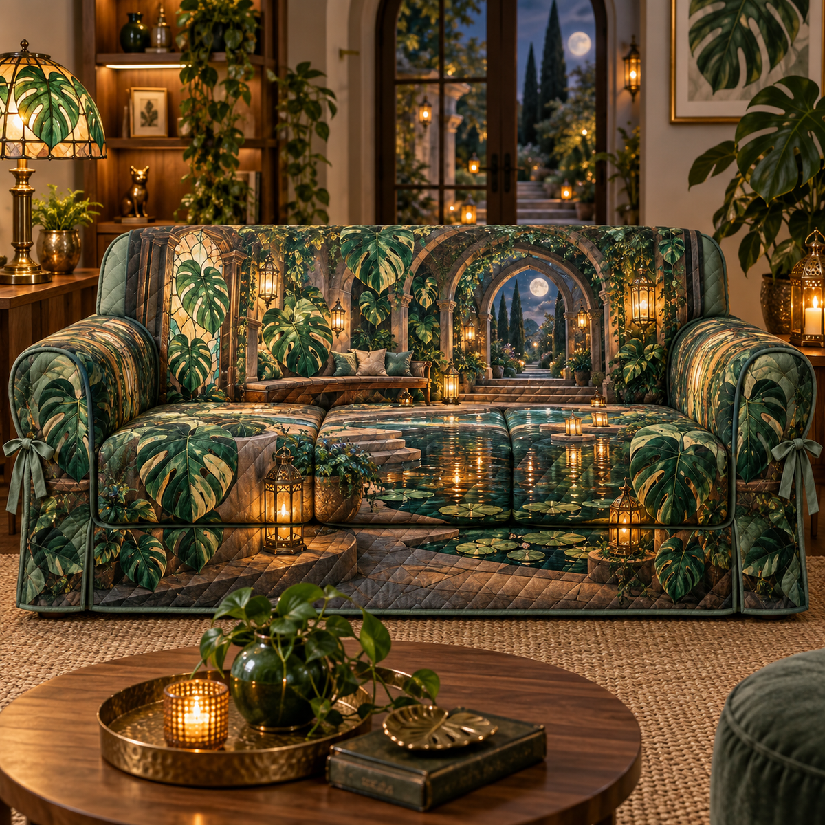 One sofa cover with an original Monstera Stillwater Lantern Alcove and deep moonlit quiet-corner illusion.