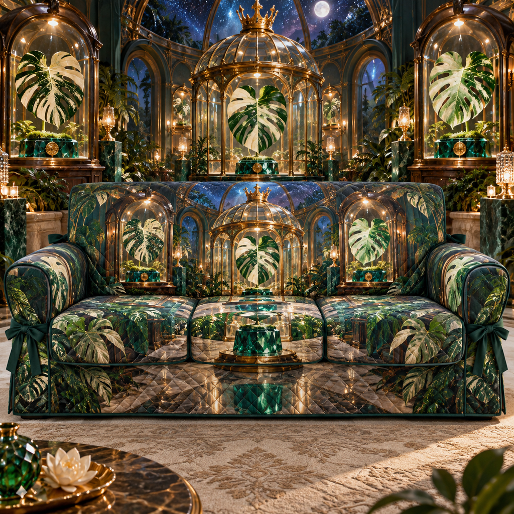 One sofa cover with an original Monstera Crownvault Specimen Gallery and deep rare-plant collector illusion.
