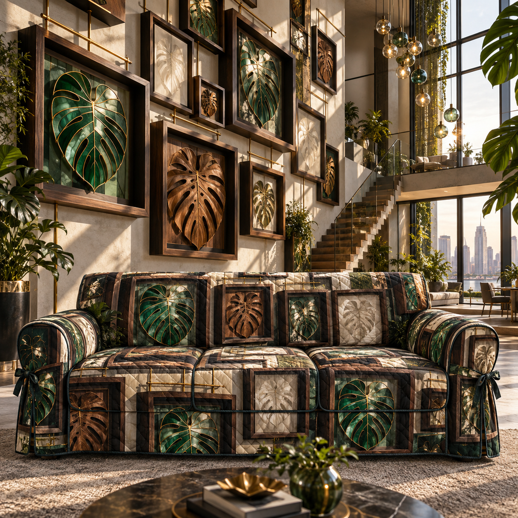 One sofa cover with an original Monstera Loftline Shadowbox Atrium and deep apartment gallery-wall illusion.