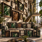 One sofa cover with an original Monstera Loftline Shadowbox Atrium and deep apartment gallery-wall illusion.