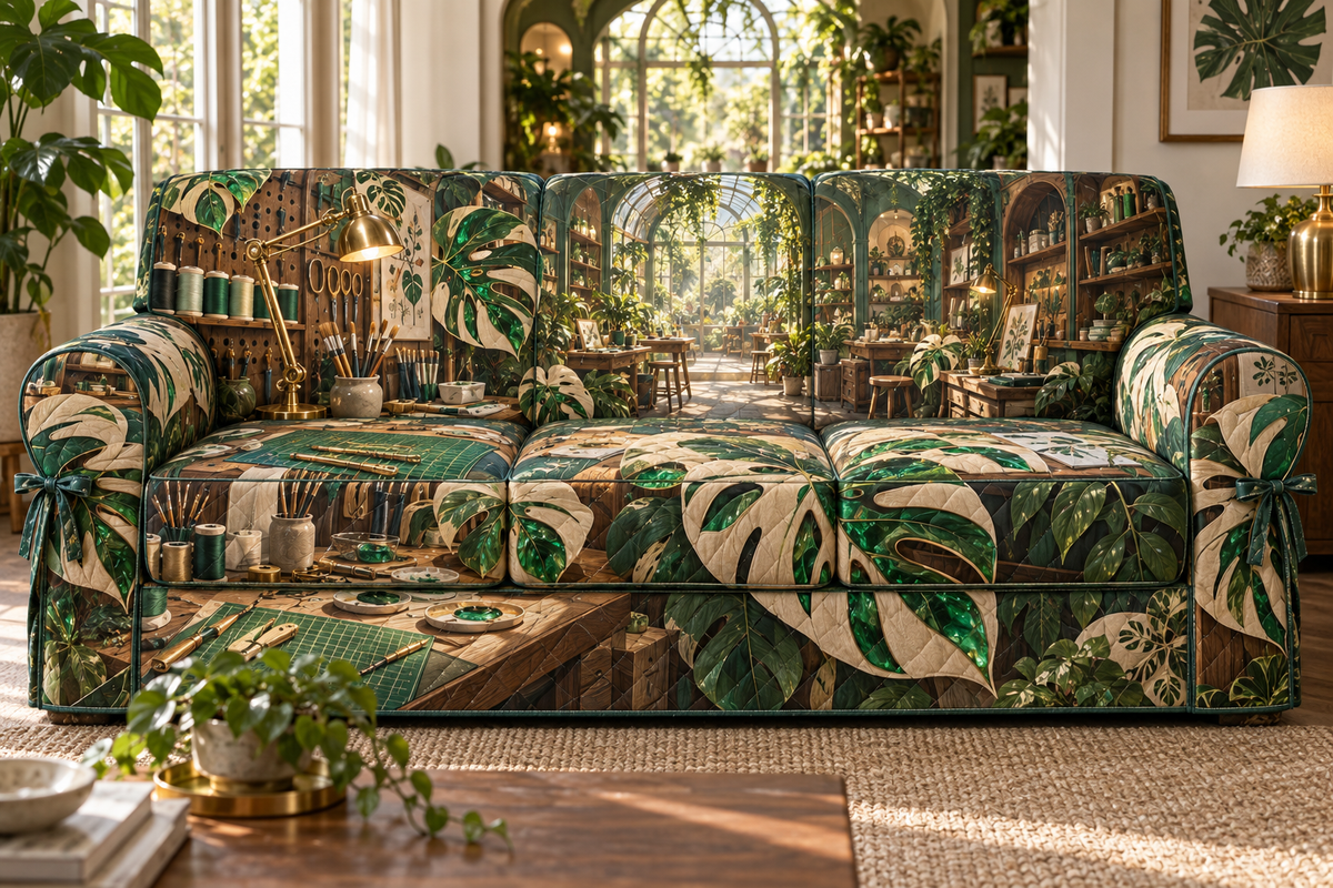 One sofa cover with an original Monstera Makerlight Atelier and deep hobby-studio illusion.