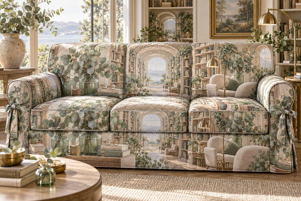 One sofa cover with an original Eucalyptus Silverleaf Story Alcove and deep reading-nook illusion.