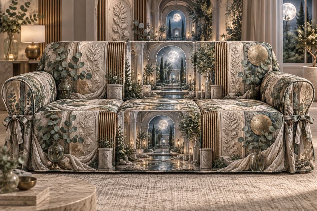 One sofa cover with an original Eucalyptus Moonveil Relief Sanctuary and deep bedroom illusion.