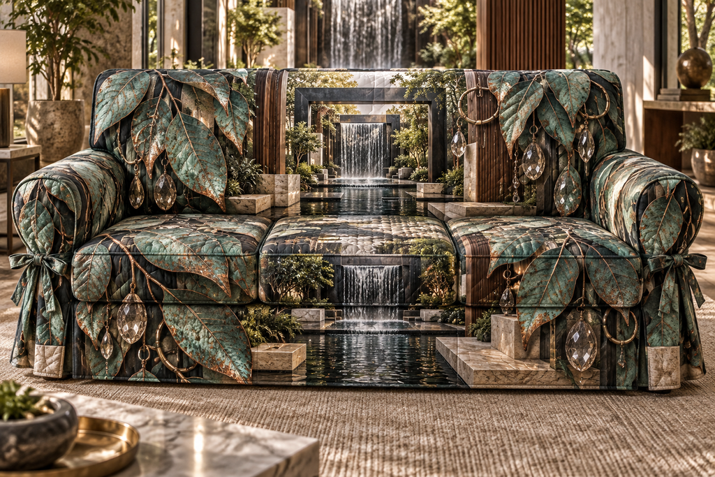 One sofa cover with an original Eucalyptus Verdigris Cascade Gallery and deep bedroom illusion.