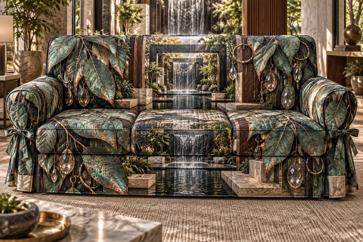 One sofa cover with an original Eucalyptus Verdigris Cascade Gallery and deep bedroom illusion.