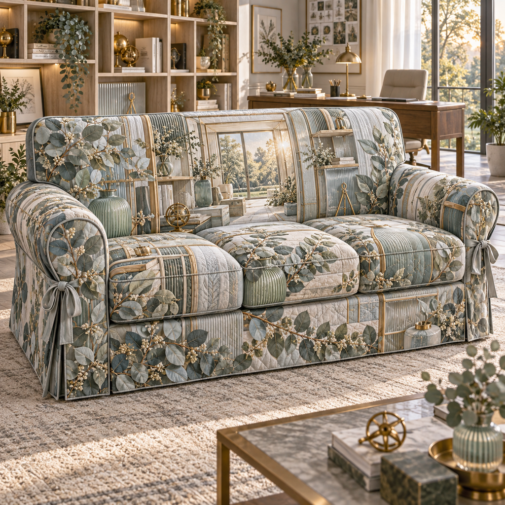 One sofa cover with an original Eucalyptus Daybreak Gridwork Studio and deep home-office illusion.