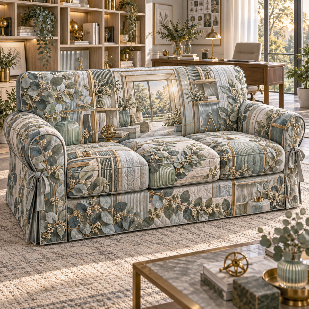 One sofa cover with an original Eucalyptus Daybreak Gridwork Studio and deep home-office illusion.