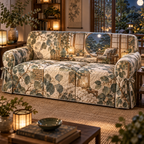 One sofa cover with an original Eucalyptus Hushlight Paper Pavilion and deep quiet-corner illusion.