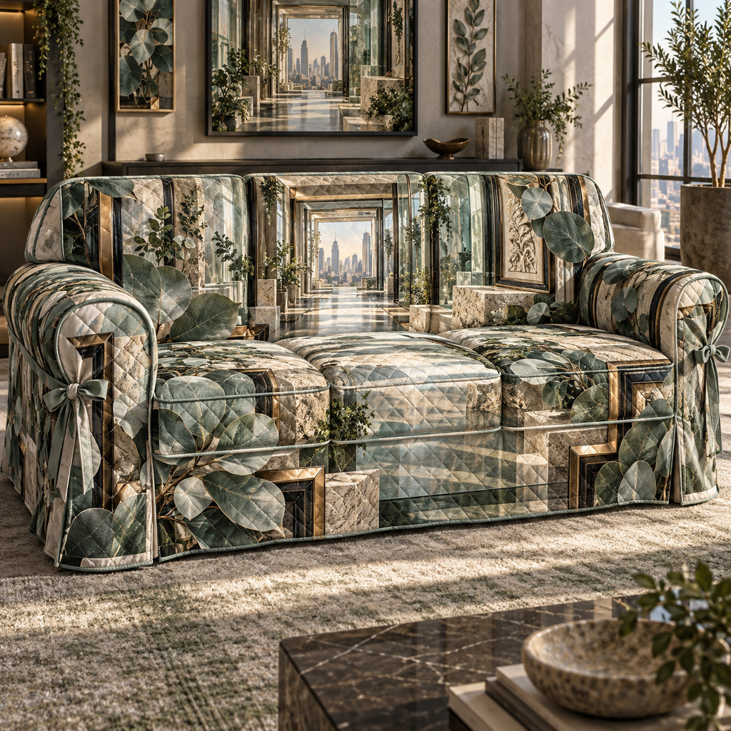 One sofa cover with an original Eucalyptus Prismframe Loft Salon and deep apartment-gallery illusion.