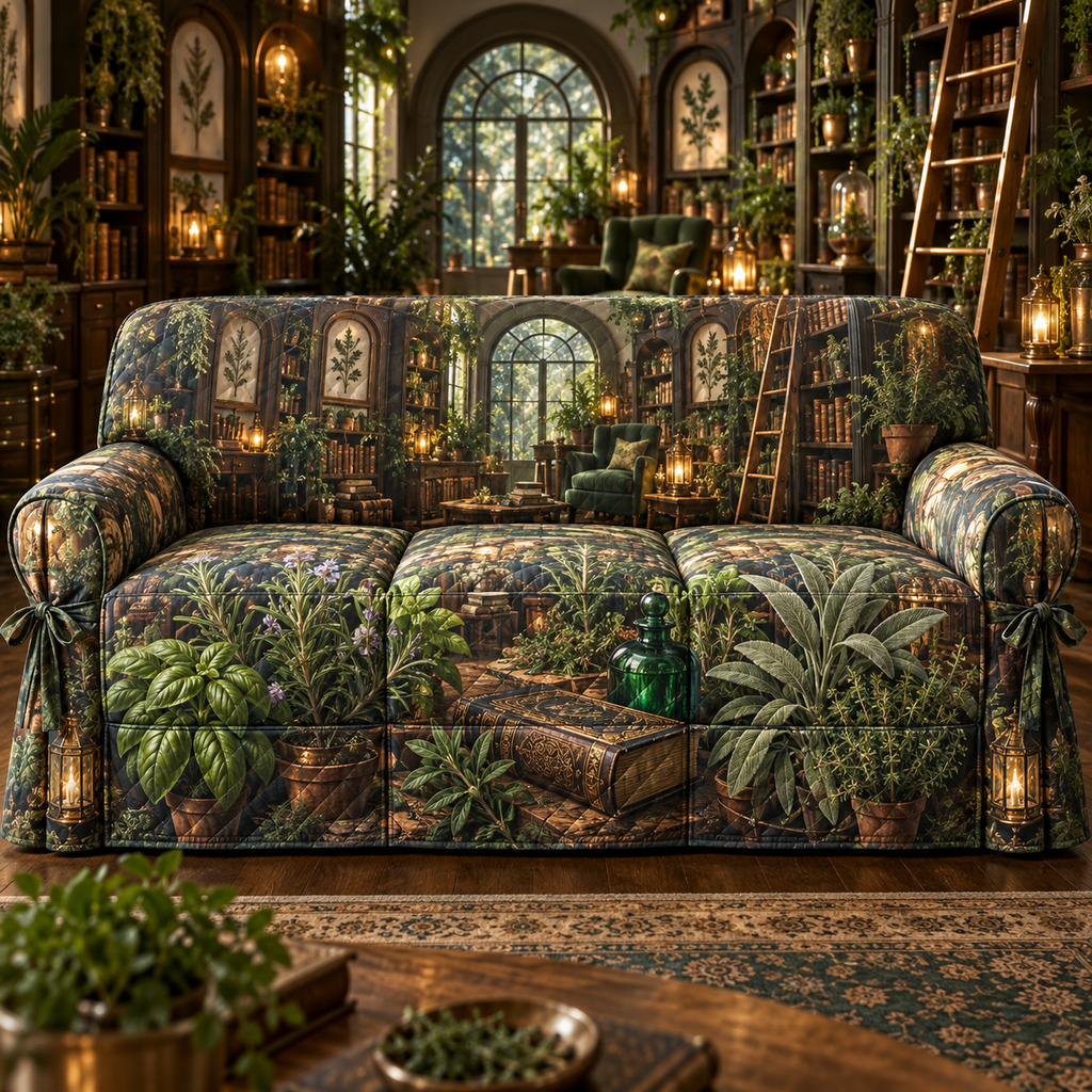One sofa cover with an original Herb Garden Lanternleaf Library and deep reading-nook illusion.