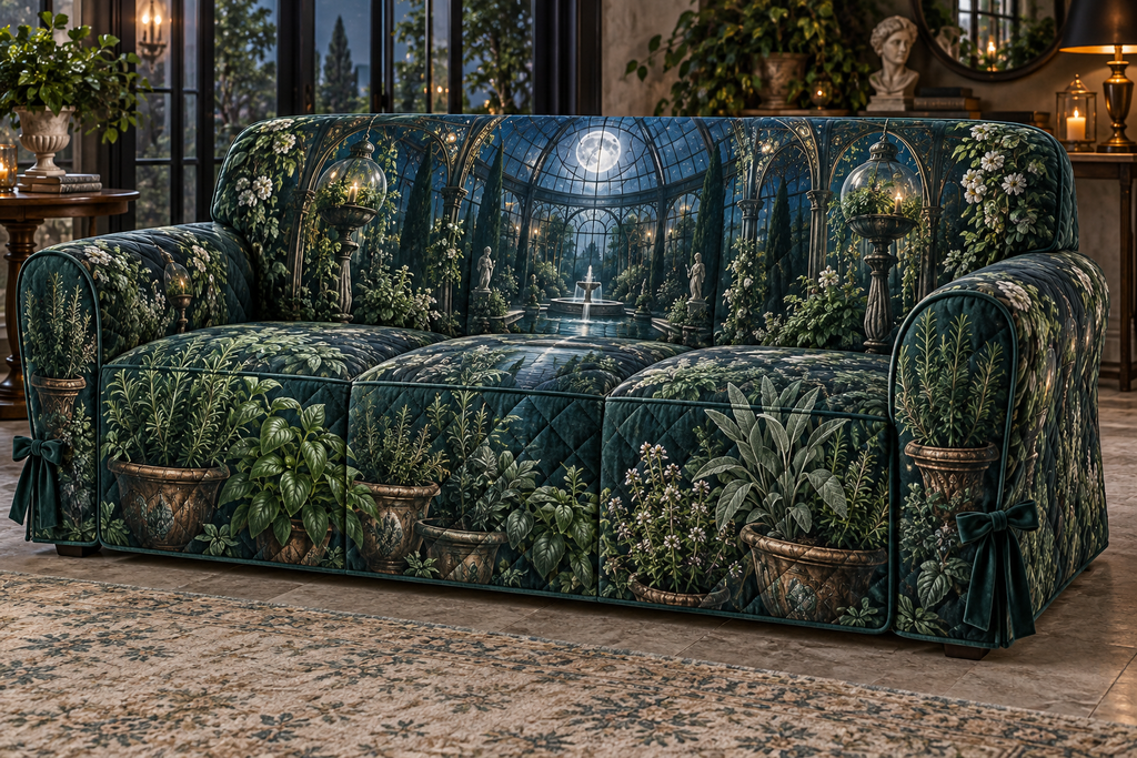One sofa cover with an original Herb Garden Nocturne Canopy and deep moonlit conservatory illusion.