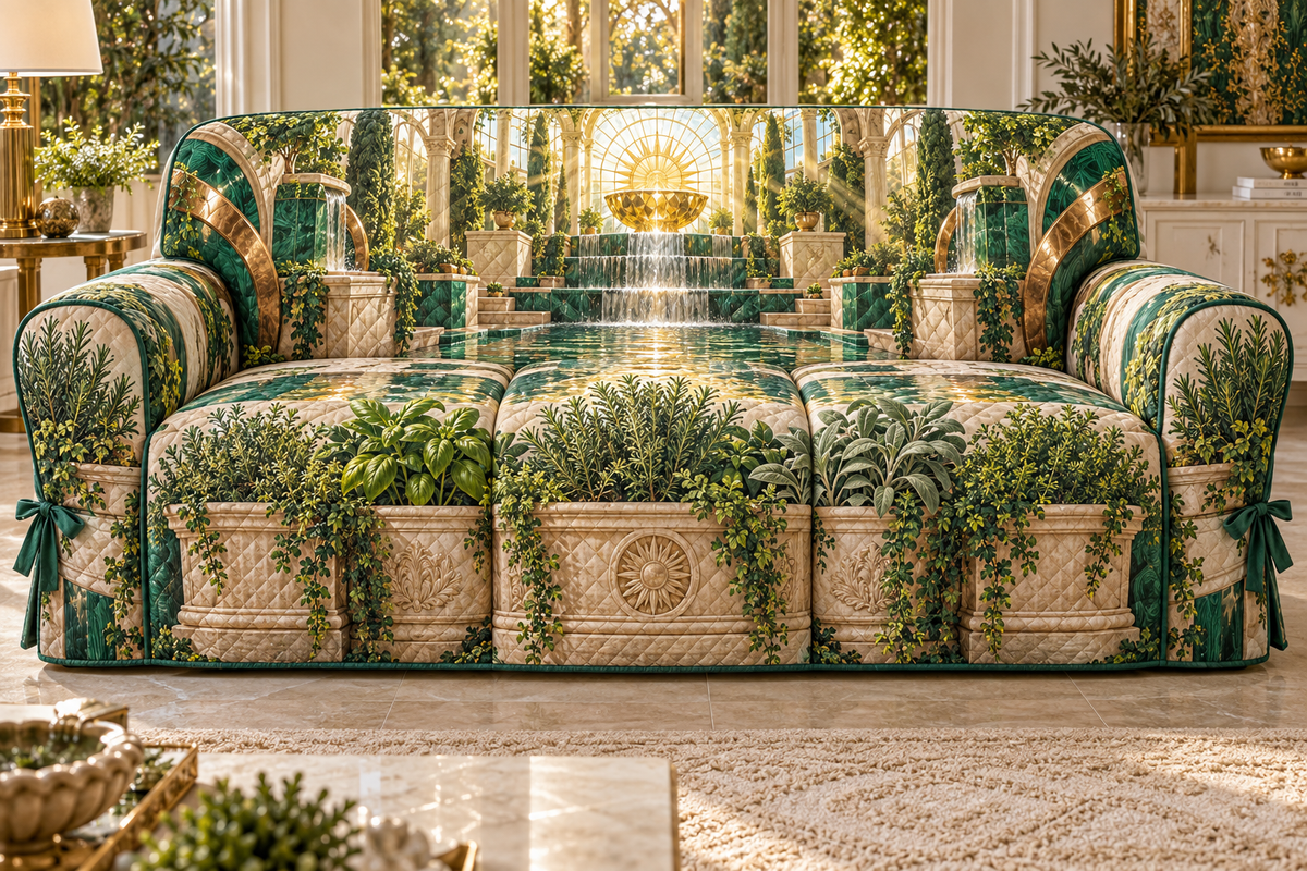 One sofa cover with an original Herb Garden Sunwell Cascade Salon and deep sunlit atrium illusion.