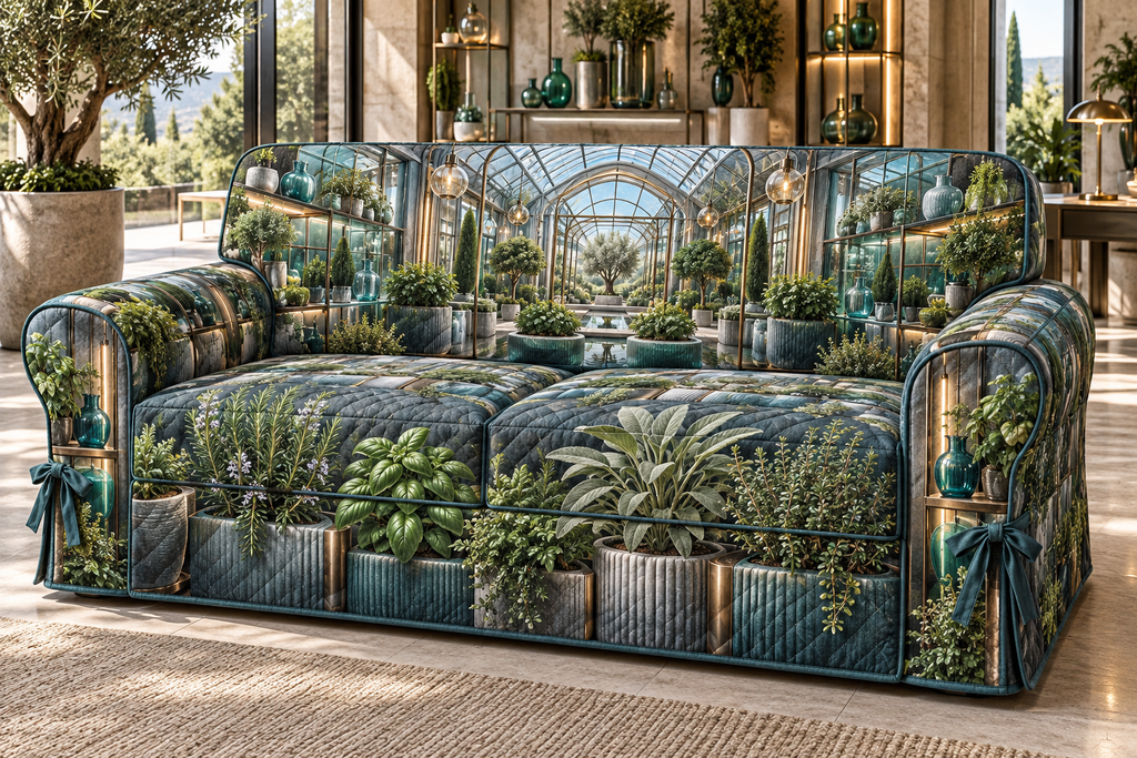 One sofa cover with an original Herb Garden Vertex Glasswork Studio and deep professional botanical-studio illusion.