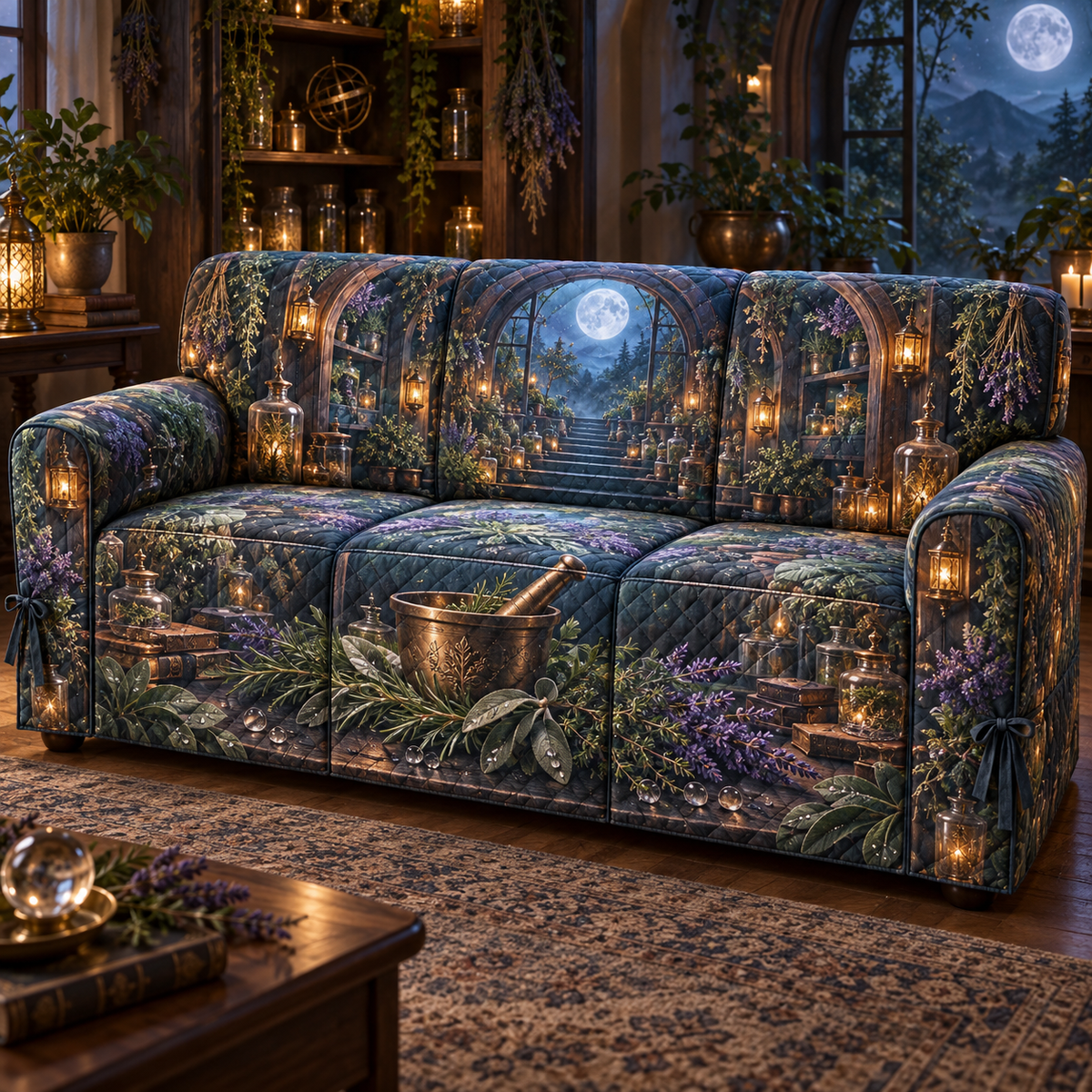 One sofa cover with an original Herb Garden Moonwell Apothecary Nook and maximum-depth printed illusion.