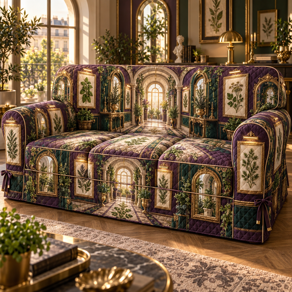 One sofa cover with an original Herb Garden Prism-Frame Salon and maximum-depth printed illusion.