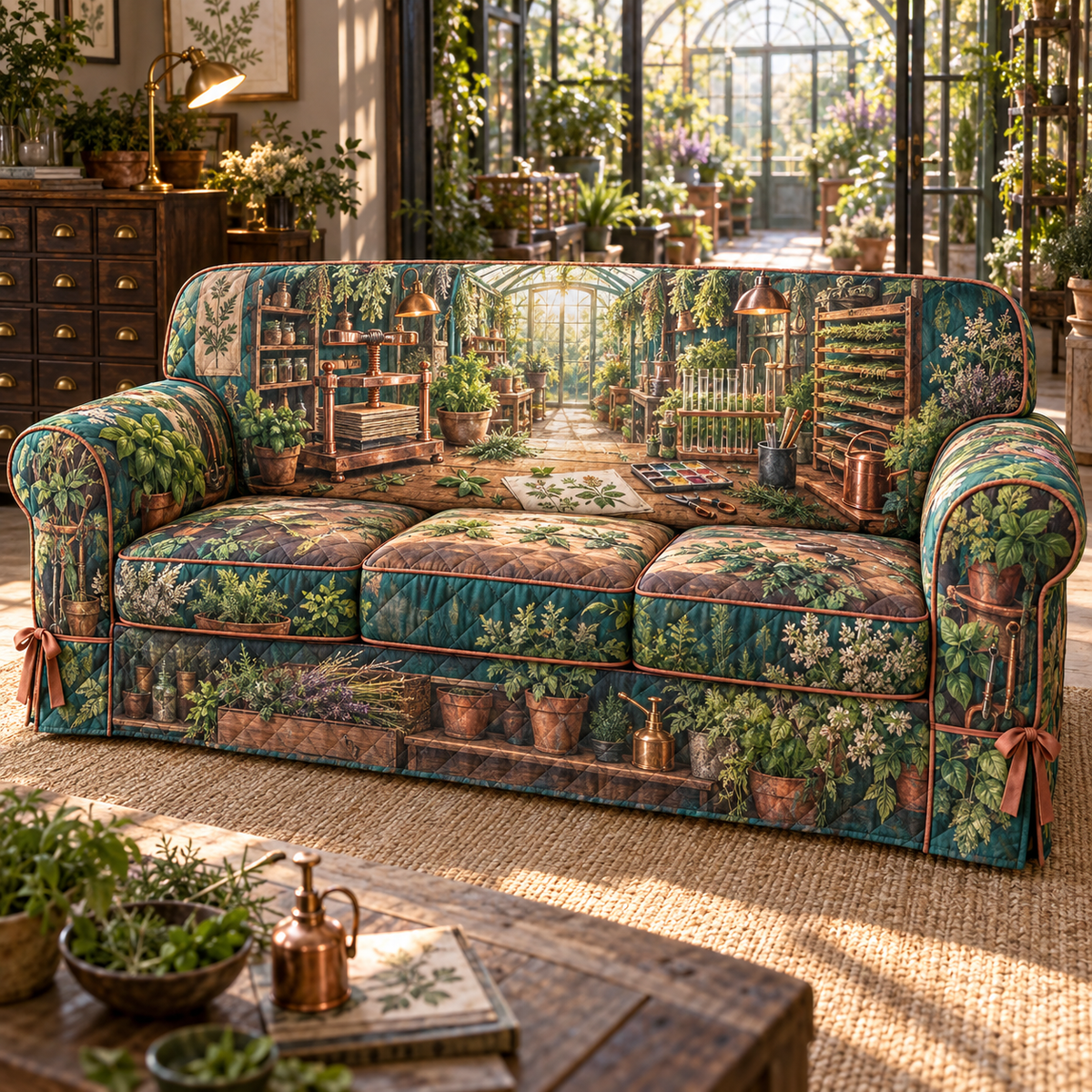 One sofa cover with an original Herb Garden Copperpress Maker Atelier and maximum-depth printed illusion.