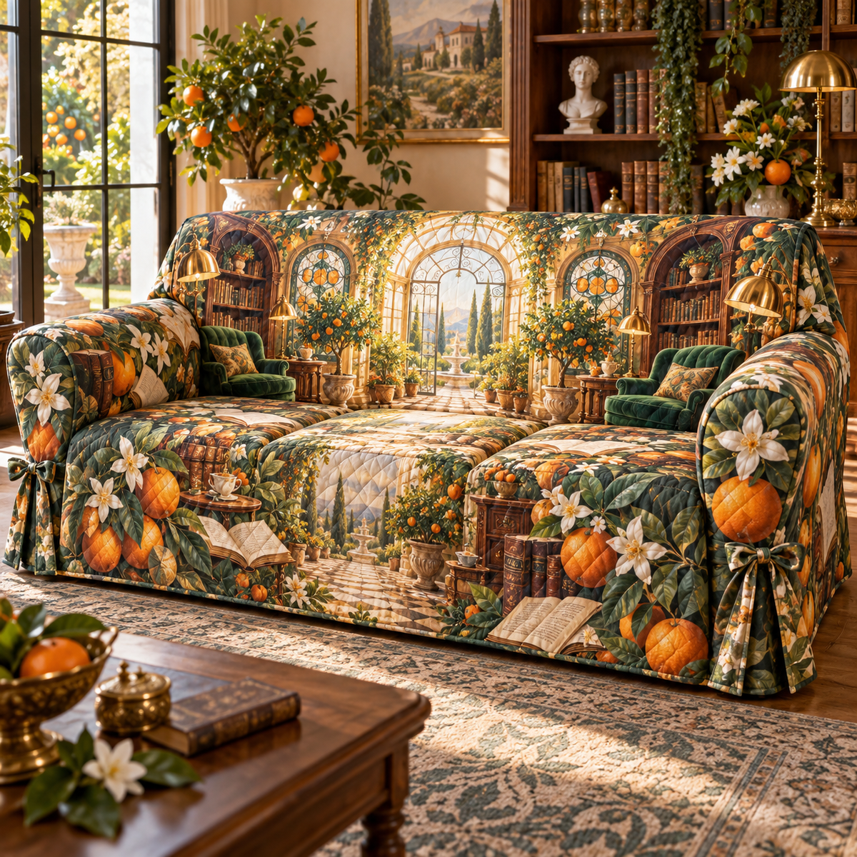 One sofa cover with an original Citrus Blossom Sunfolio Reading Orangery and maximum-depth printed illusion.