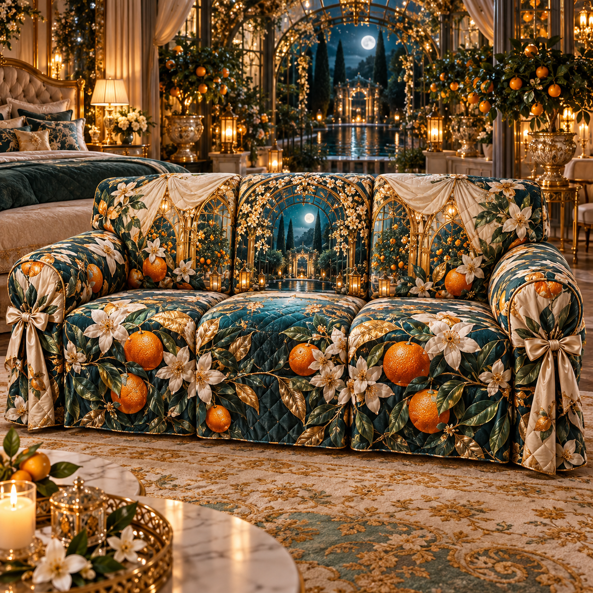 One sofa cover with an original Citrus Blossom Emberglass Canopy and maximum-depth printed illusion.
