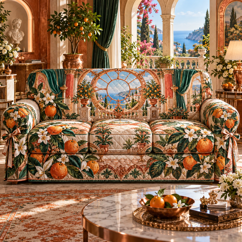 One sofa cover with an original Citrus Blossom Copperlight Solarium Oculus and maximum-depth printed illusion.
