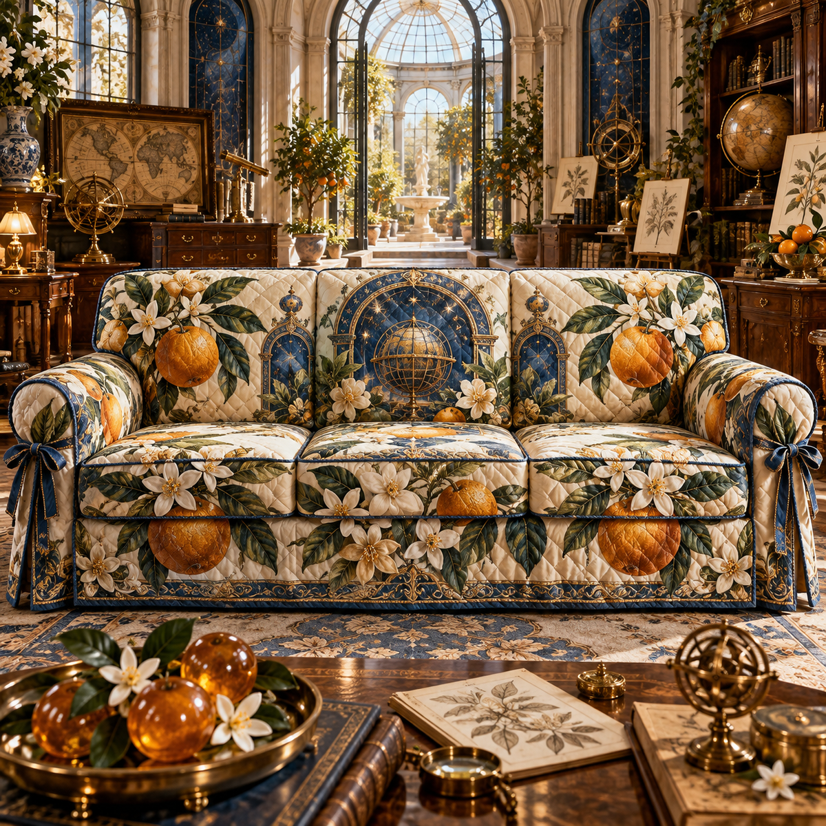 One sofa cover with an original Citrus Blossom Atlasglass Study Atrium and maximum-depth printed illusion.