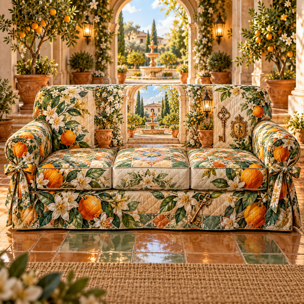 One sofa cover with an original Citrus Blossom Keylight Welcome Courtyard and maximum-depth printed illusion.