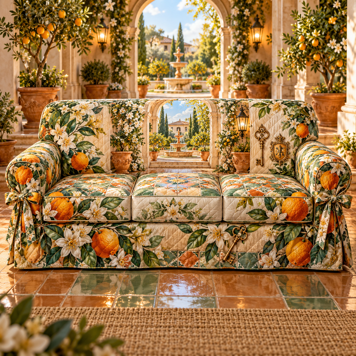 One sofa cover with an original Citrus Blossom Keylight Welcome Courtyard and maximum-depth printed illusion.