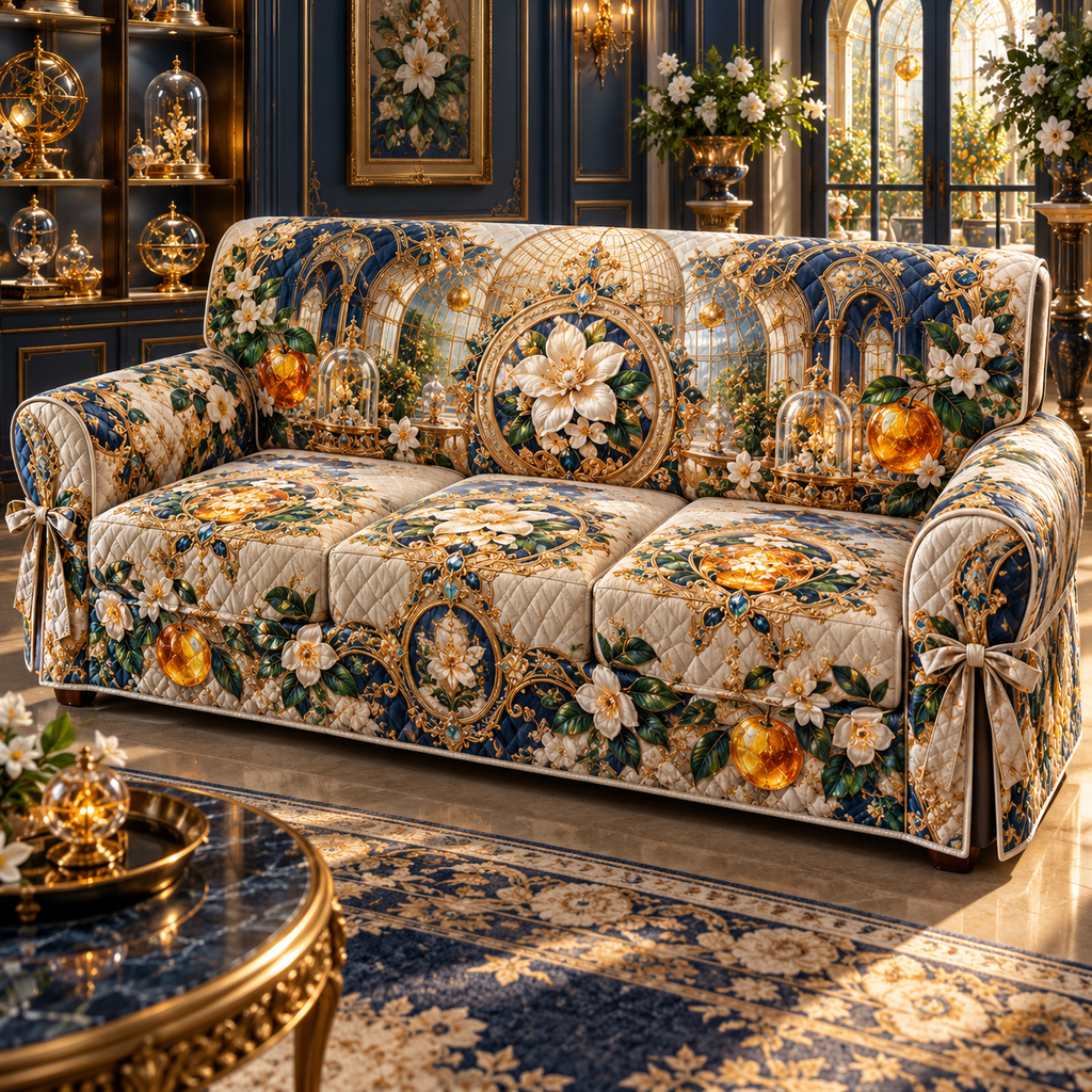 One sofa cover with an original Citrus Blossom Curiofoil Jubilee Gallery and maximum-depth printed illusion.