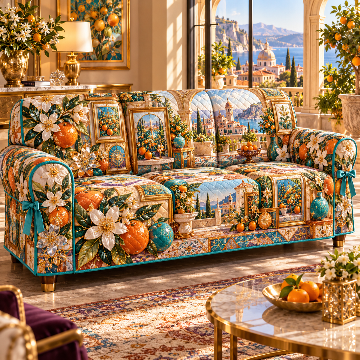 One sofa cover with an original Citrus Blossom Facetframe Loft Salon and maximum-depth printed illusion.