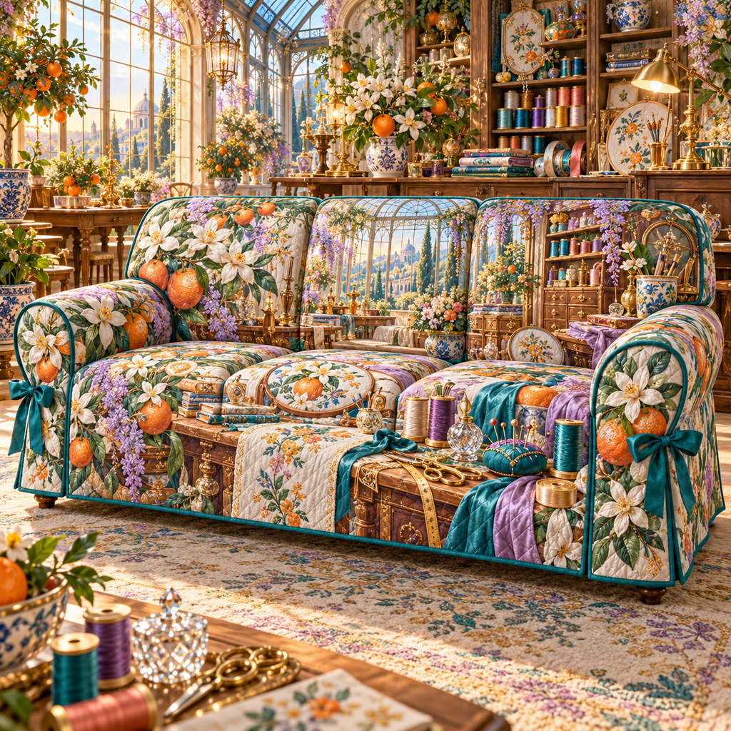 One sofa cover with an original Citrus Blossom Prismthread Maker Atelier and maximum-depth printed illusion.