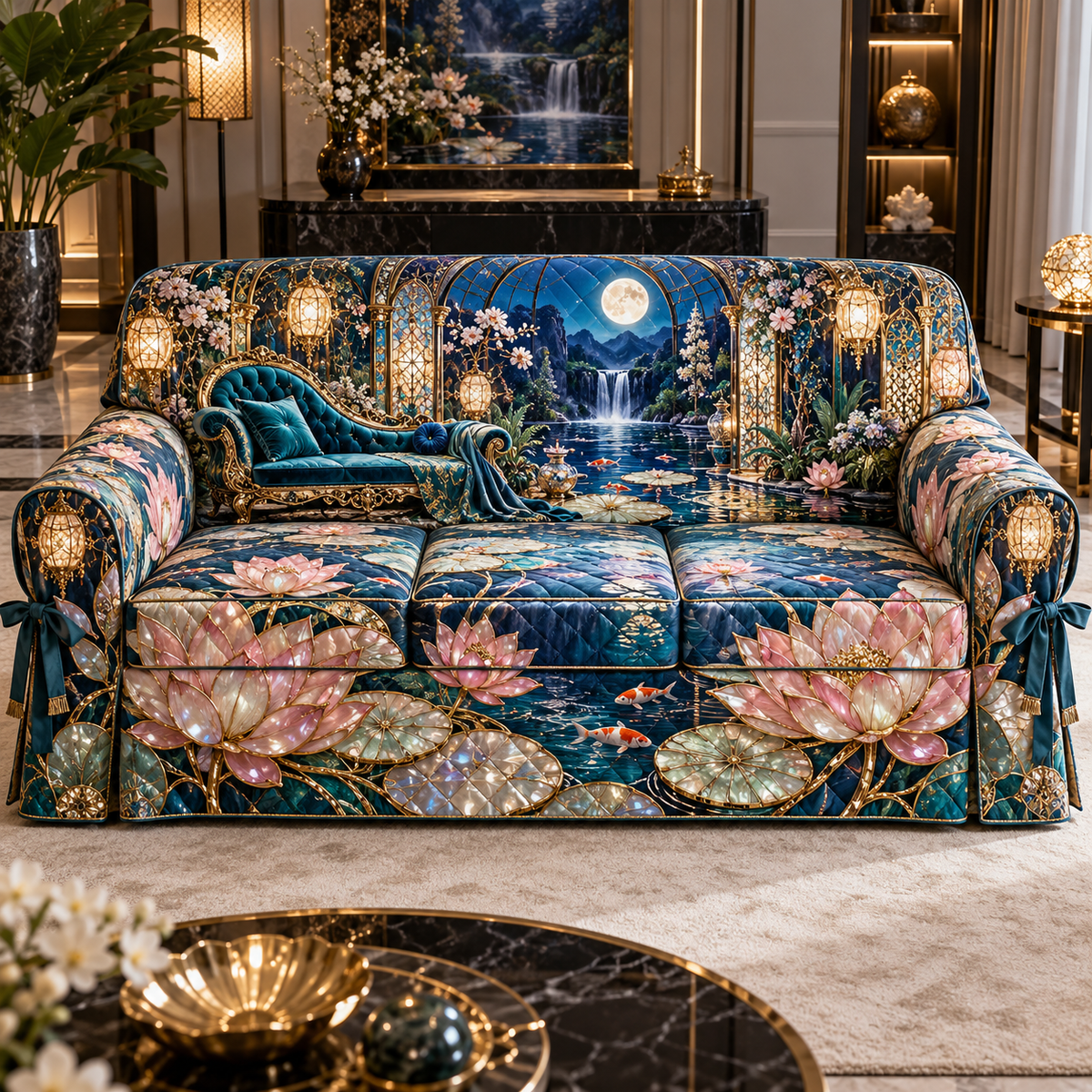 One sofa cover with an original Water Lily Celestique Mosaic Suite and maximum-depth printed illusion.