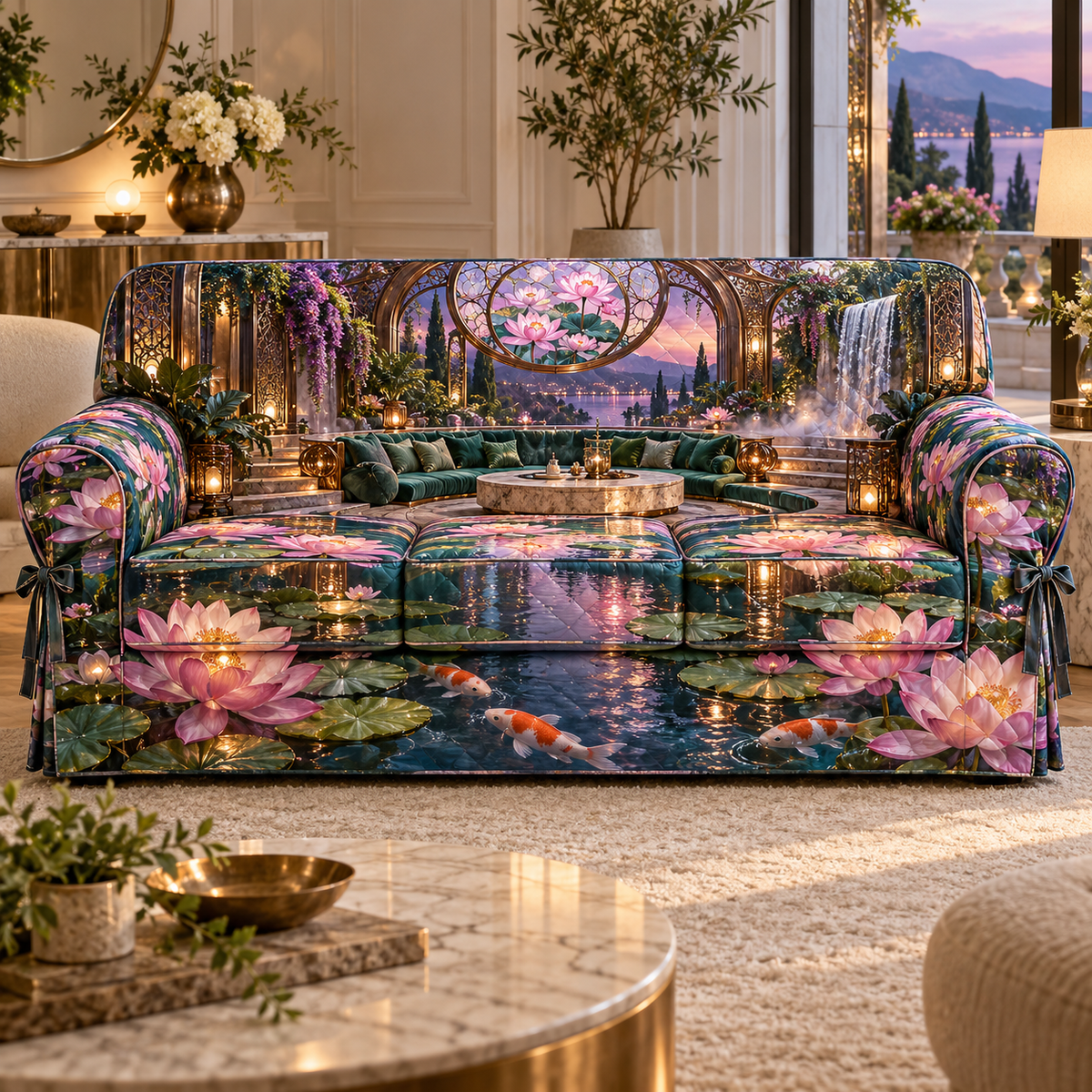 One sofa cover with an original Water Lily Lustralight Atrium Salon and maximum-depth printed illusion.