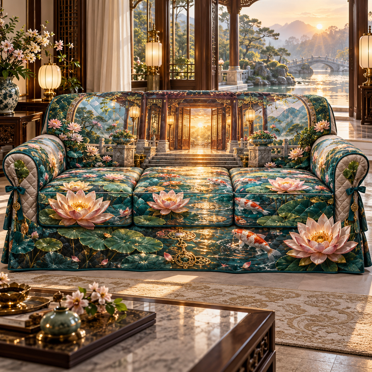 One sofa cover with an original Water Lily Hearthglass Welcome Pavilion and maximum-depth printed illusion.
