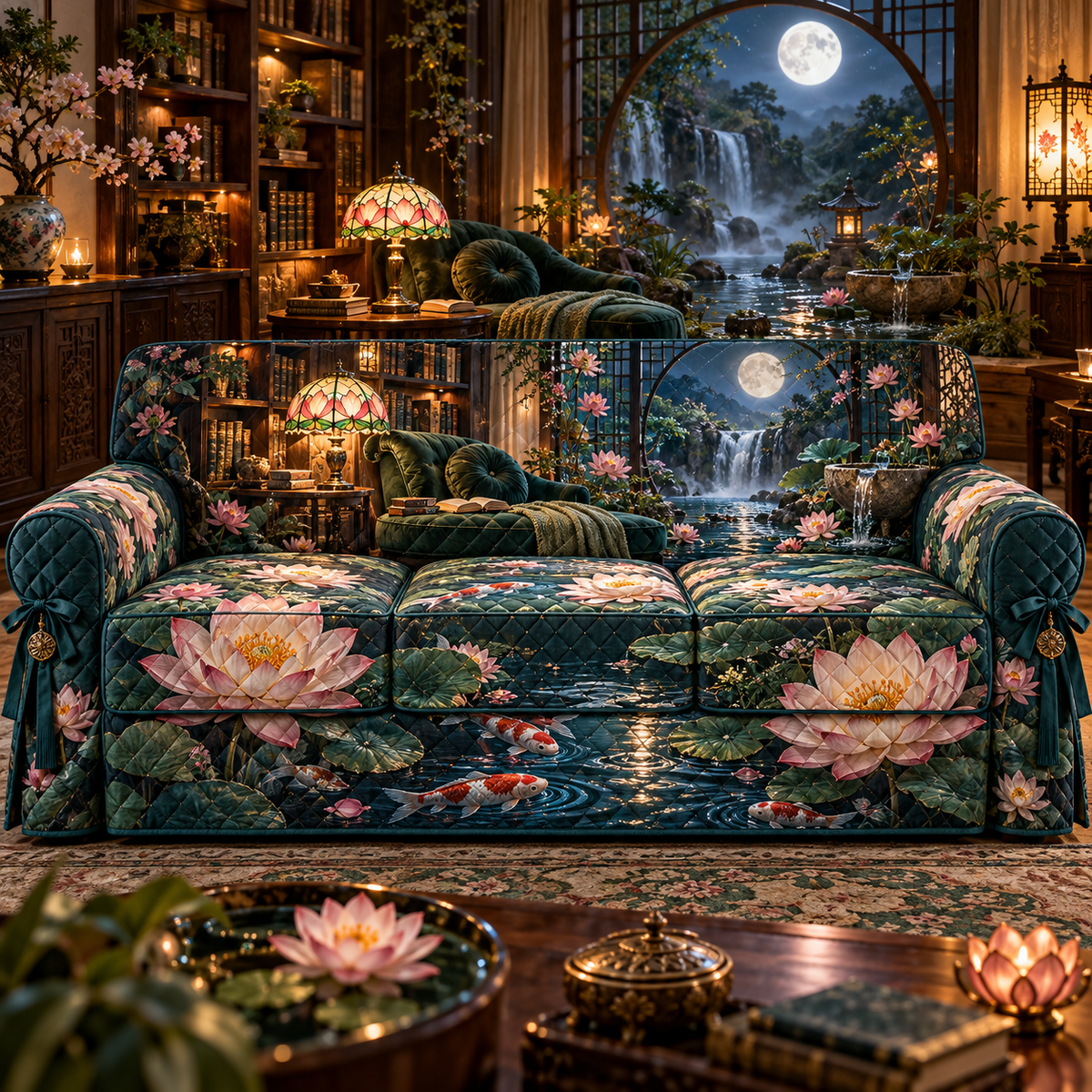 One sofa cover with an original Water Lily Lamplight Reading Alcove and maximum-depth printed illusion.