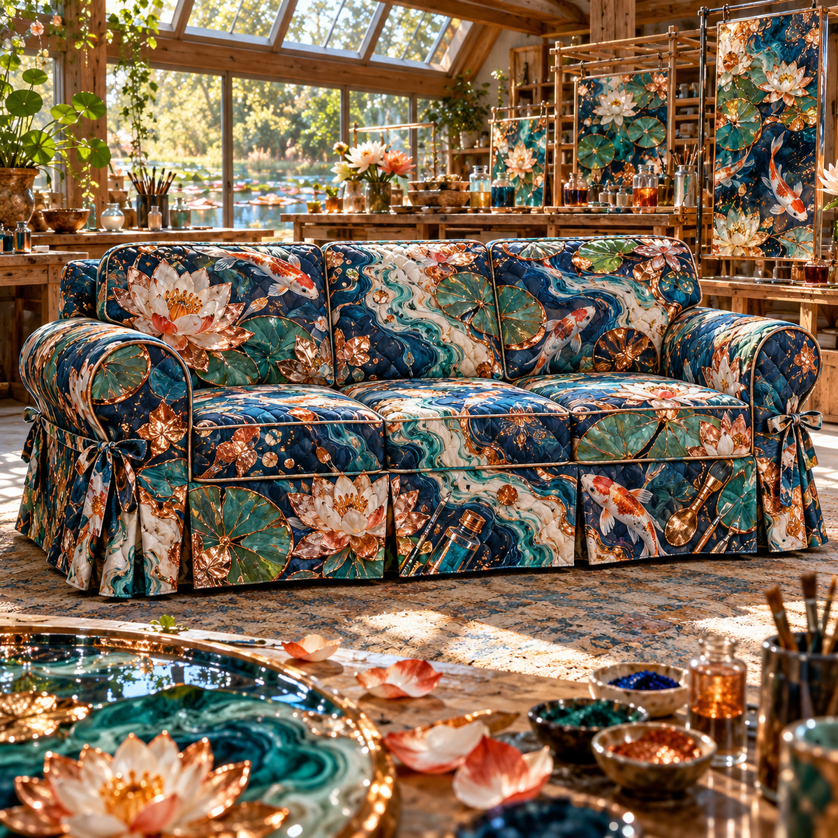 One sofa cover with an original Water Lily Resinmaker Atelier and maximum-depth printed illusion.