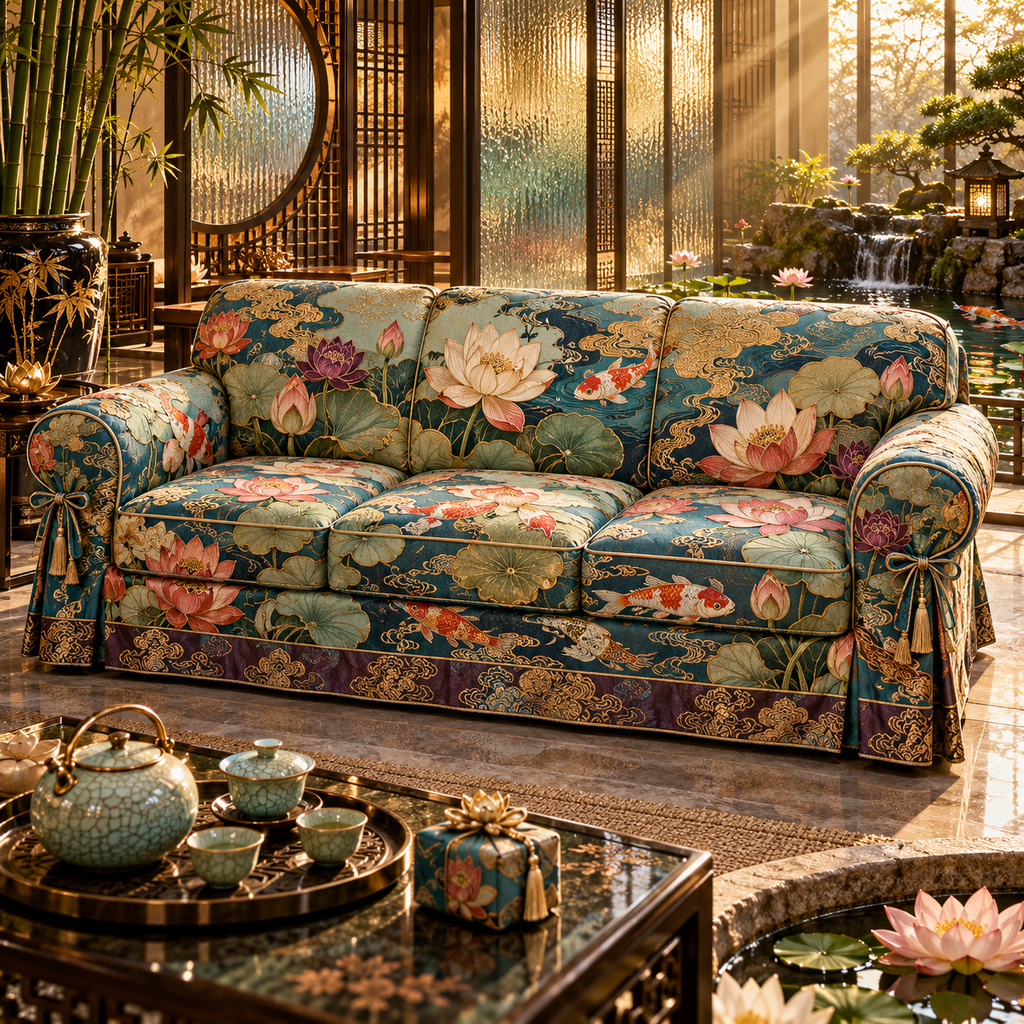 One sofa cover with an original Water Lily Teahouse Gratitude Garden and maximum-depth printed illusion.
